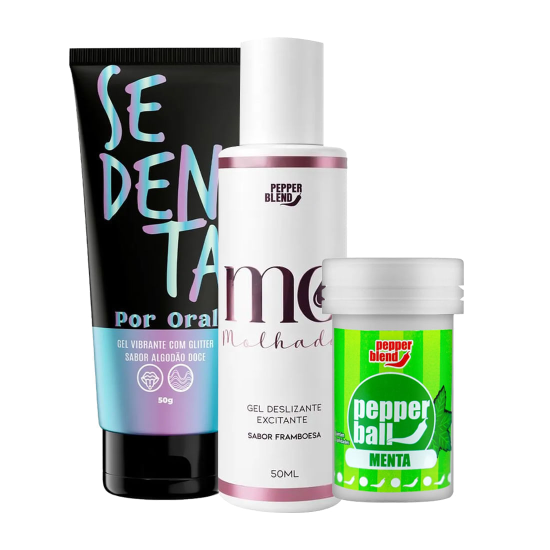 Kit com Lubrificante Excitante MO Molhada Pepper Ball e Sedenta Por Oral
