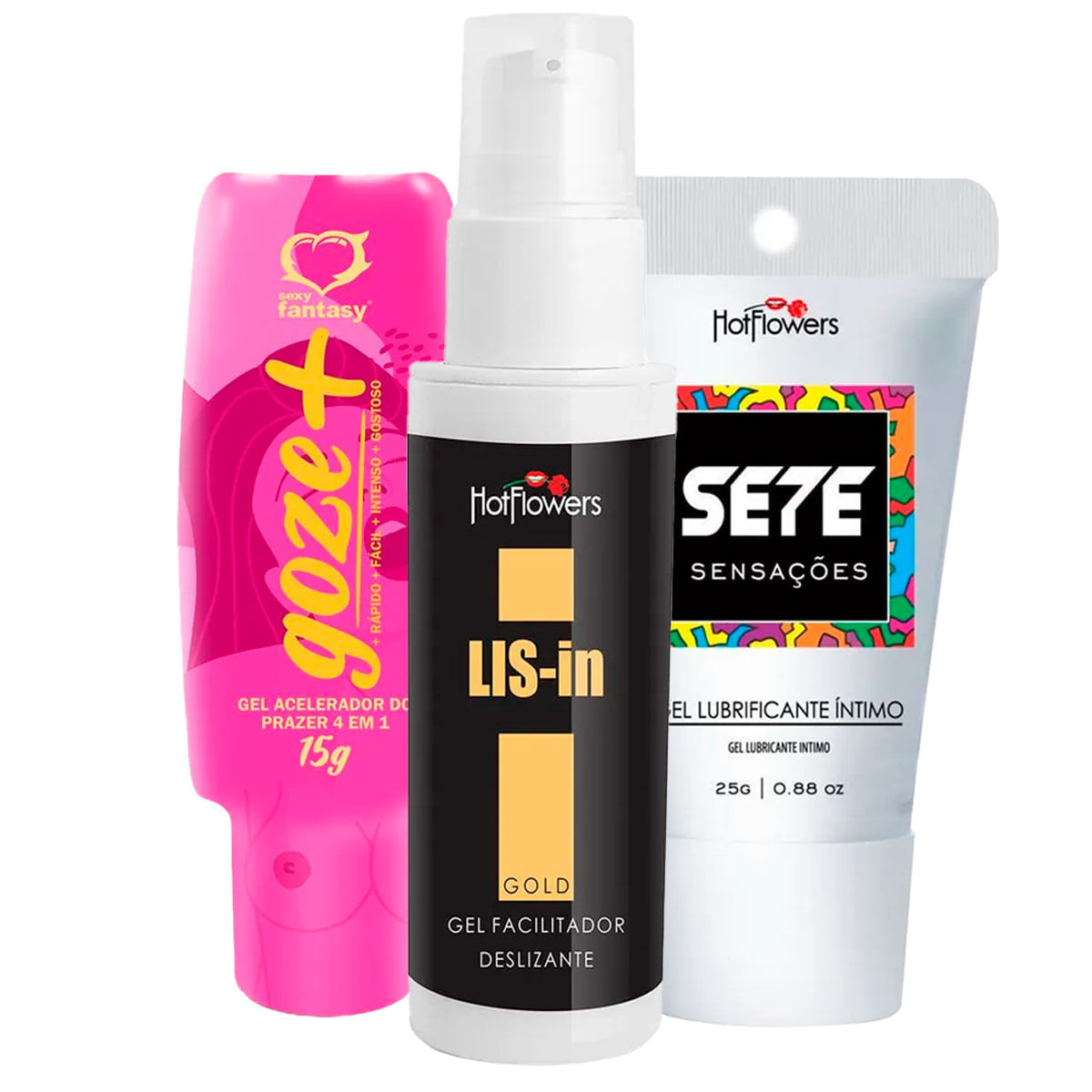 Kit com Acelerador Goze + Lubrificante Sete Sensações e Dessensibilizante Anal Lis-In
