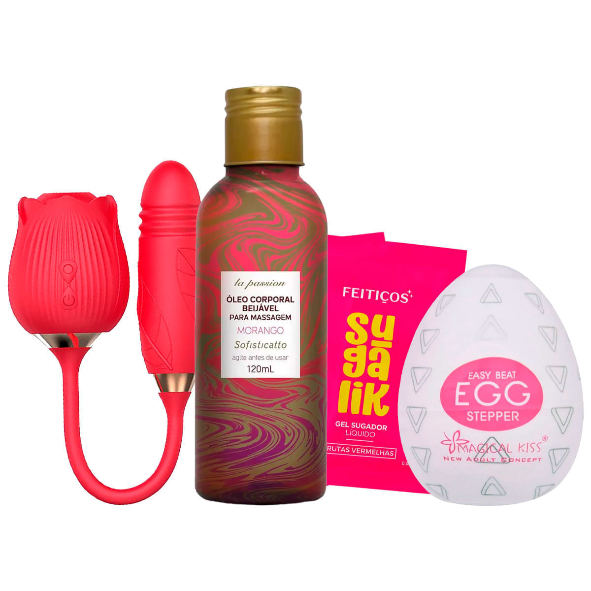 Kit com Vibrador de Rosa Óleo Corporal Beijável Para Massagem Sachê Sugalik e Egg Stepper