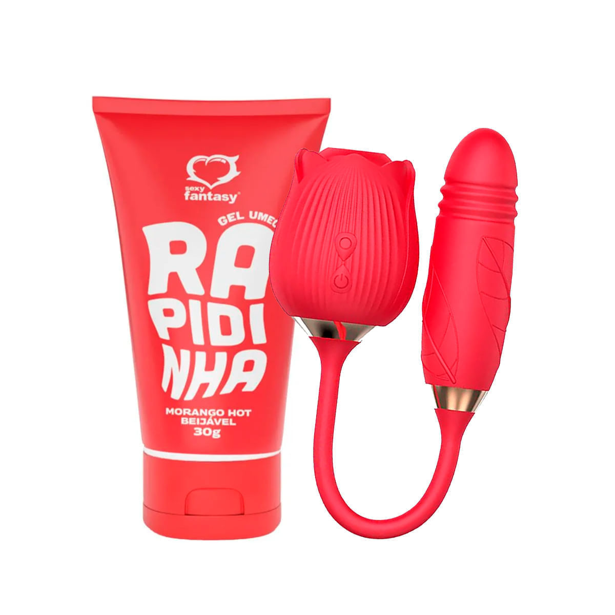 Duplinha com Lubrificante Íntimo Beijável Rapidinha e Vibrador Formato de Rosa