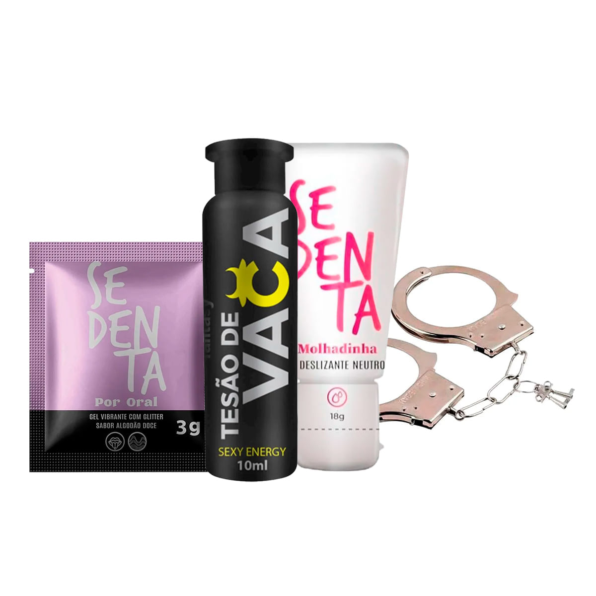 Kit com Sachê Sedenta Por Oral Tesão de Vaca Algema de Metal e Sedenta Molhadinha