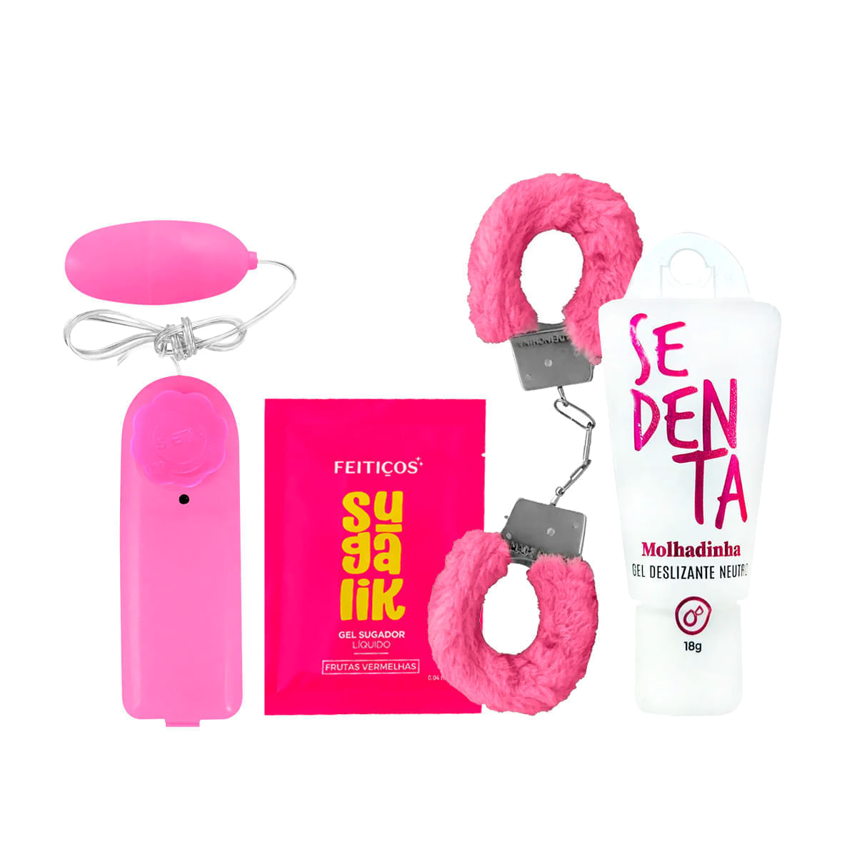 Kit com Bullet Vibro Ó Sachê Sugalik Sugador Líquido Algema MyCuff e Sedenta Molhadinha