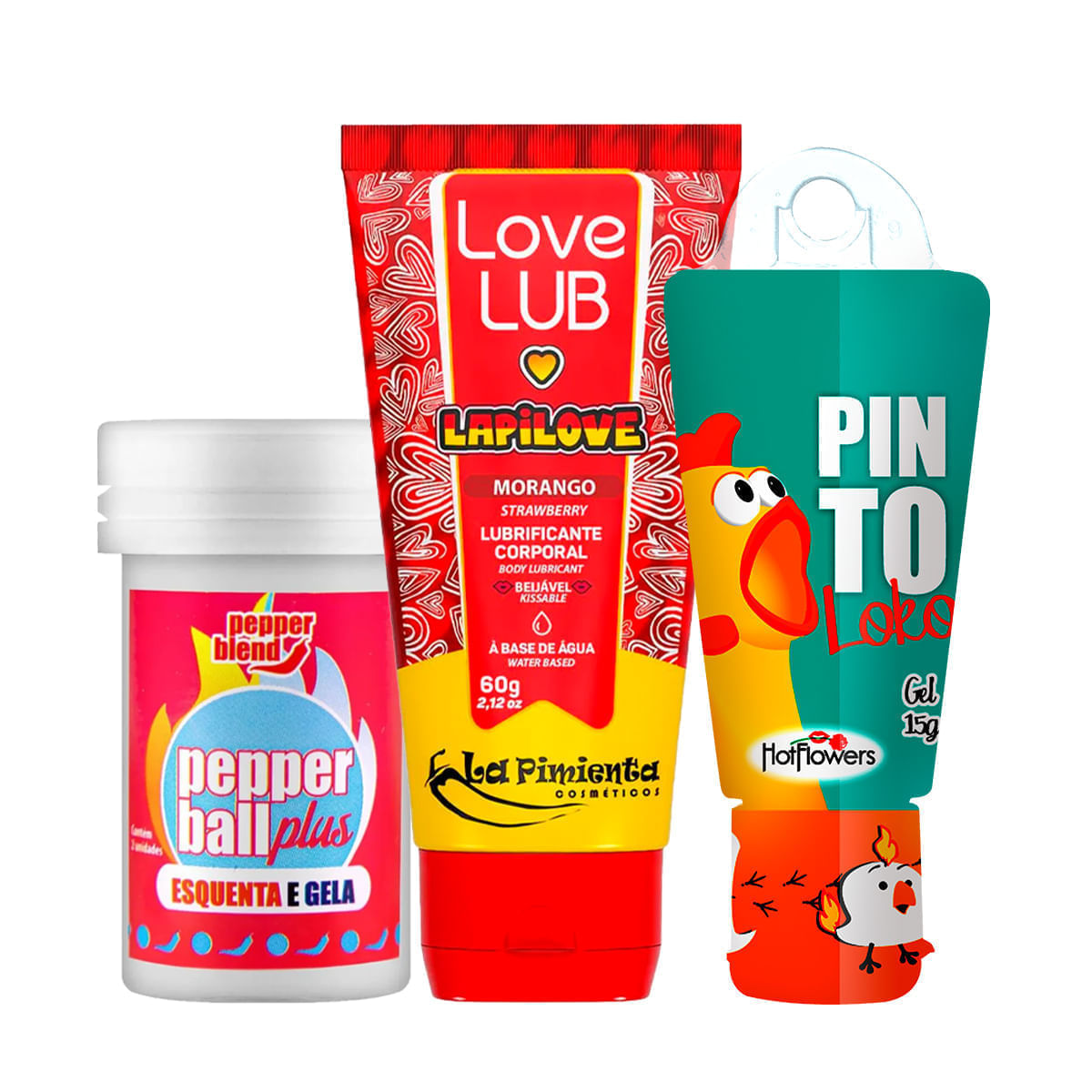 Kit com Pinto Loko Estimulante Pepper Ball Plus Bolinha e Love Lub LapiLove Lubrificante