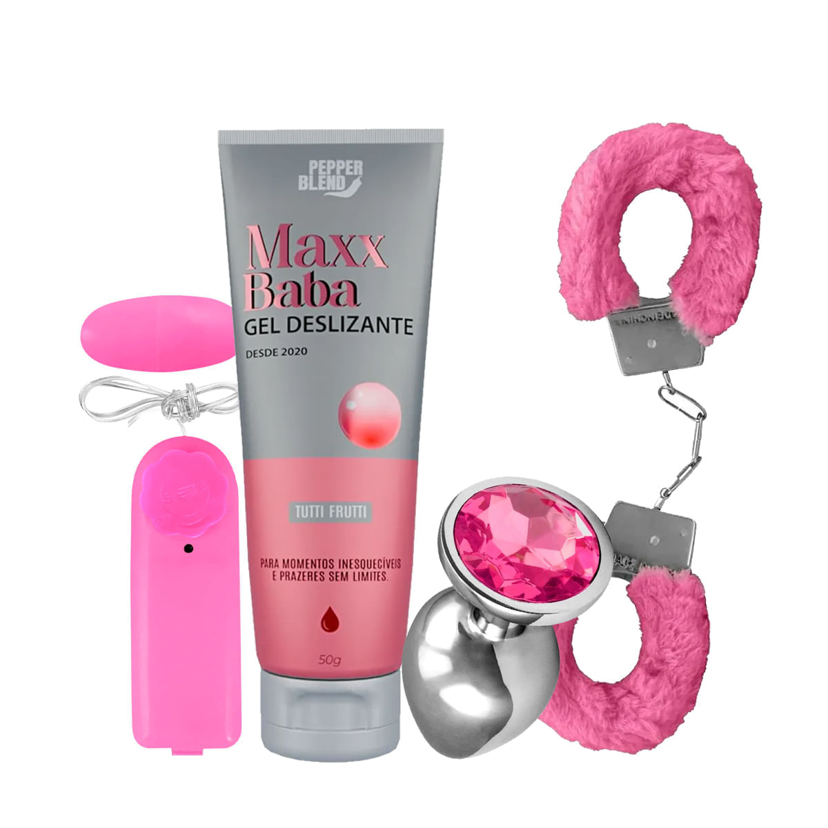 Kit com Bullet Vibro Ó Maxx Baba Lubrificante MyCuff Algema de Pelúcia MyVib e Plug Anal G