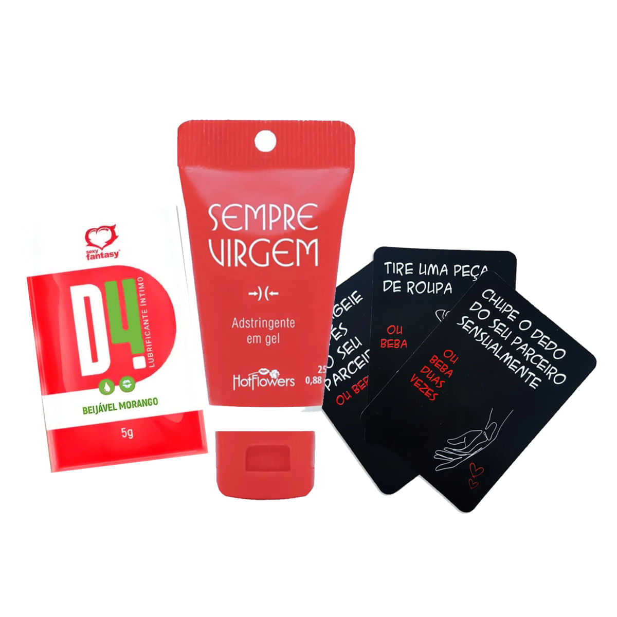 Kit com Gel Adstringente Sempre Virgem Desejos e Drinks Jogo de Cartas e  D4 Lubrificante Íntimo