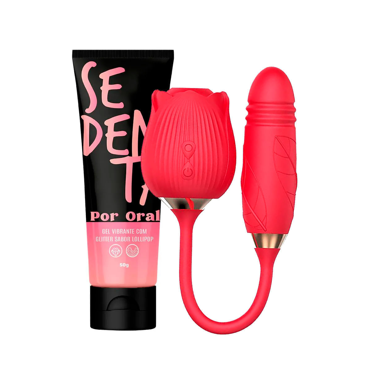 Kit com Vibrador Formato de Rosa e Sedenta Por Oral Gel Comestível
