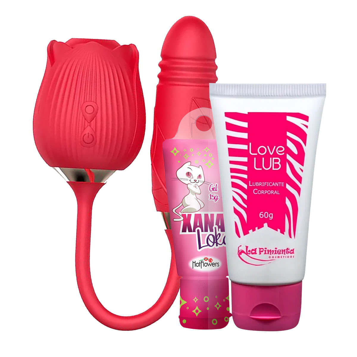 Kit com Xana Loka Gel Excitante Vibrador Formato de Rosa e Love Lub Lubrificante