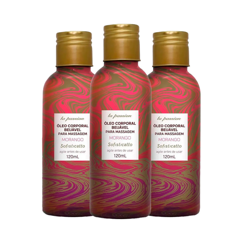 Kit com 3 Óleo Corporal Beijável Para Massagem Morango
