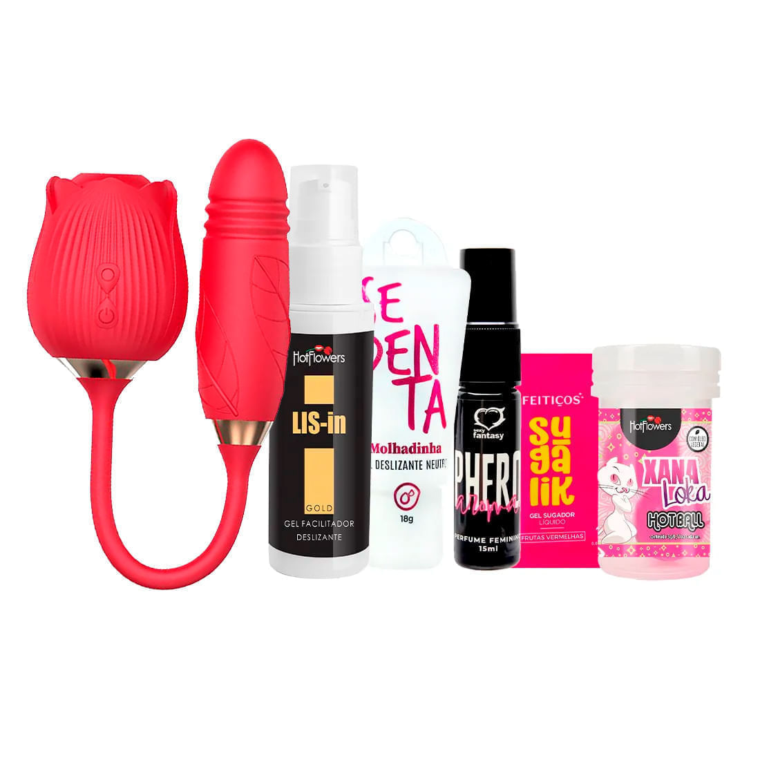 Kit com Vibrador Formato de Rosa Phero Sedenta Molhadinha Hot Ball Xana Loka Sachê Sugalik e LIS-In