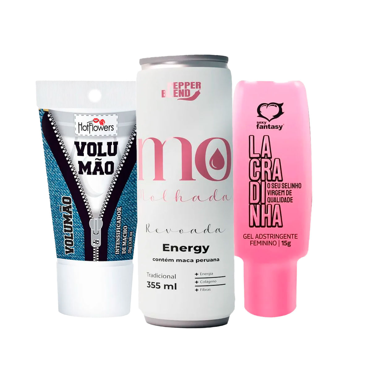 Kit com Energético Estimulante Revoada Volumão Gel Excitante Masculino e Lacradinha Gel Adstringente