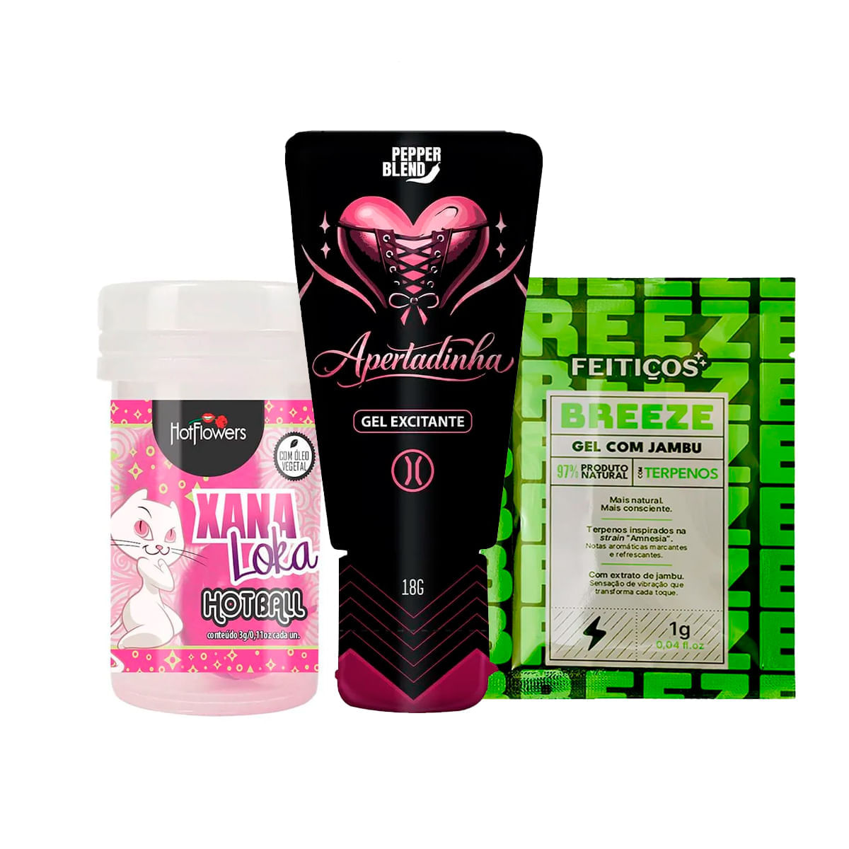 Kit com Esquenta Esfria e Vibra Hot Flowers Sachê Breeze Excitante e Gel Adstringente Apertadinha