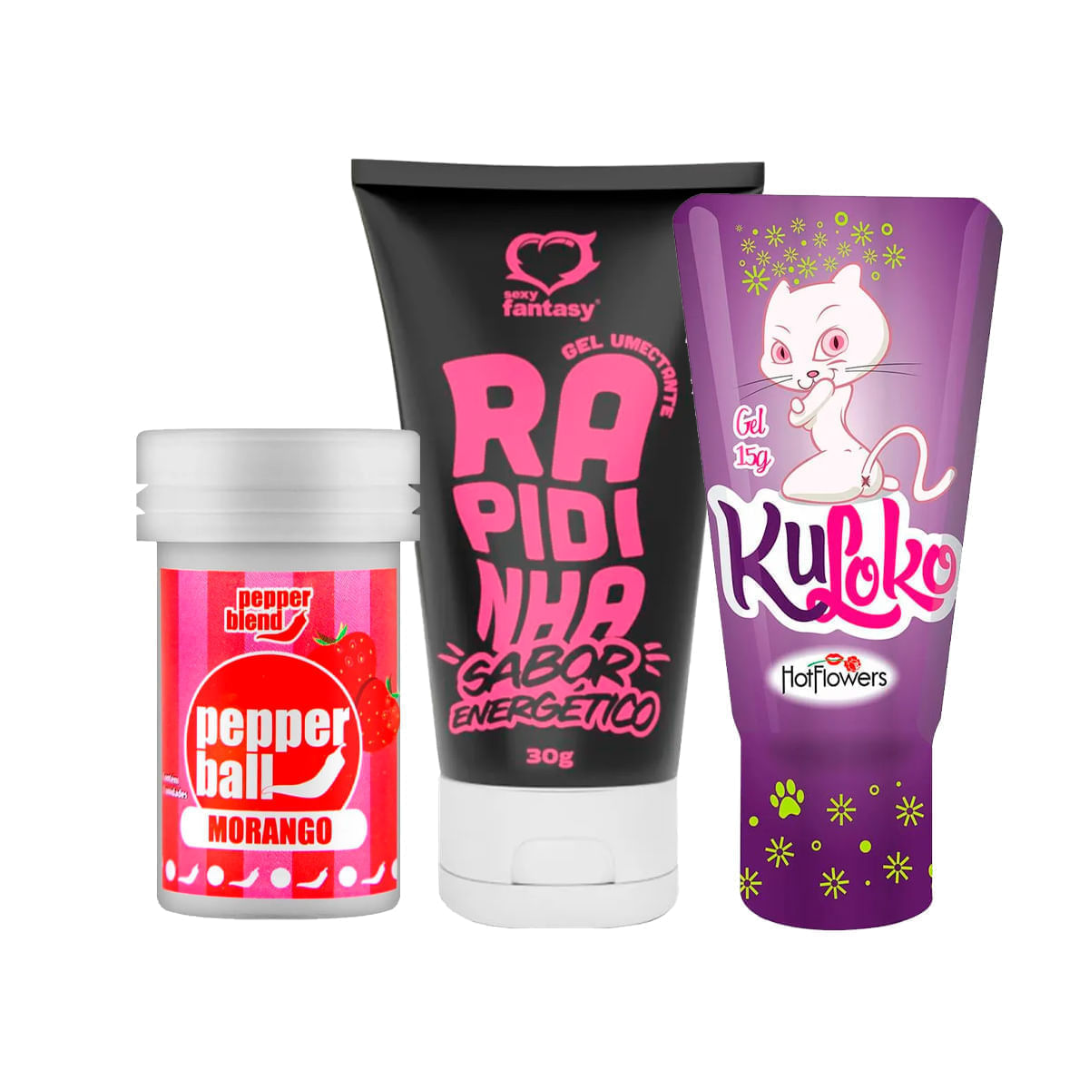 Kit com Lubrificante Beijável Rapidinha Pepper Ball Bolinha Explosiva e Kuloko