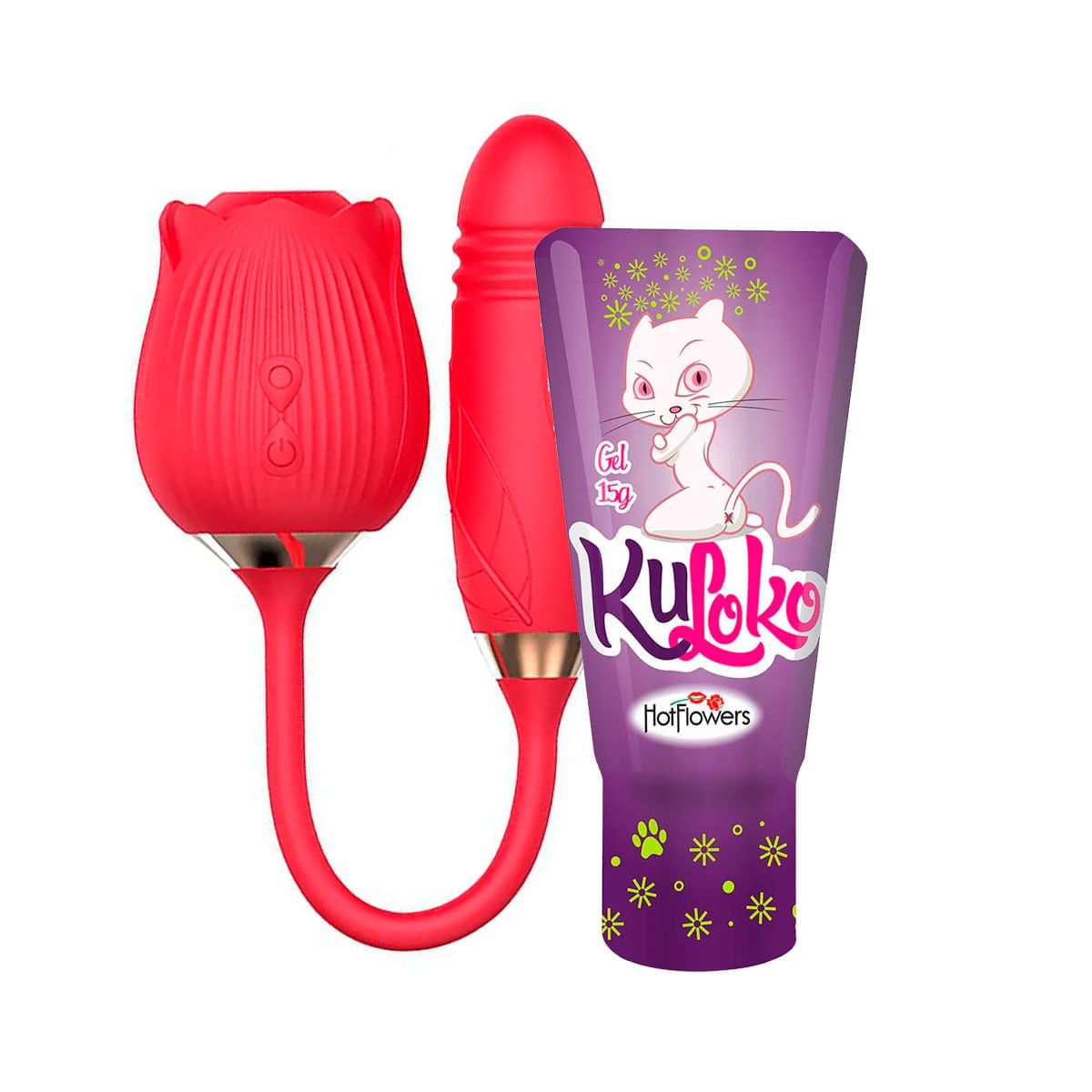 Duplinha Vibrador Formato de Rosa e Kuloko Excitante Anal