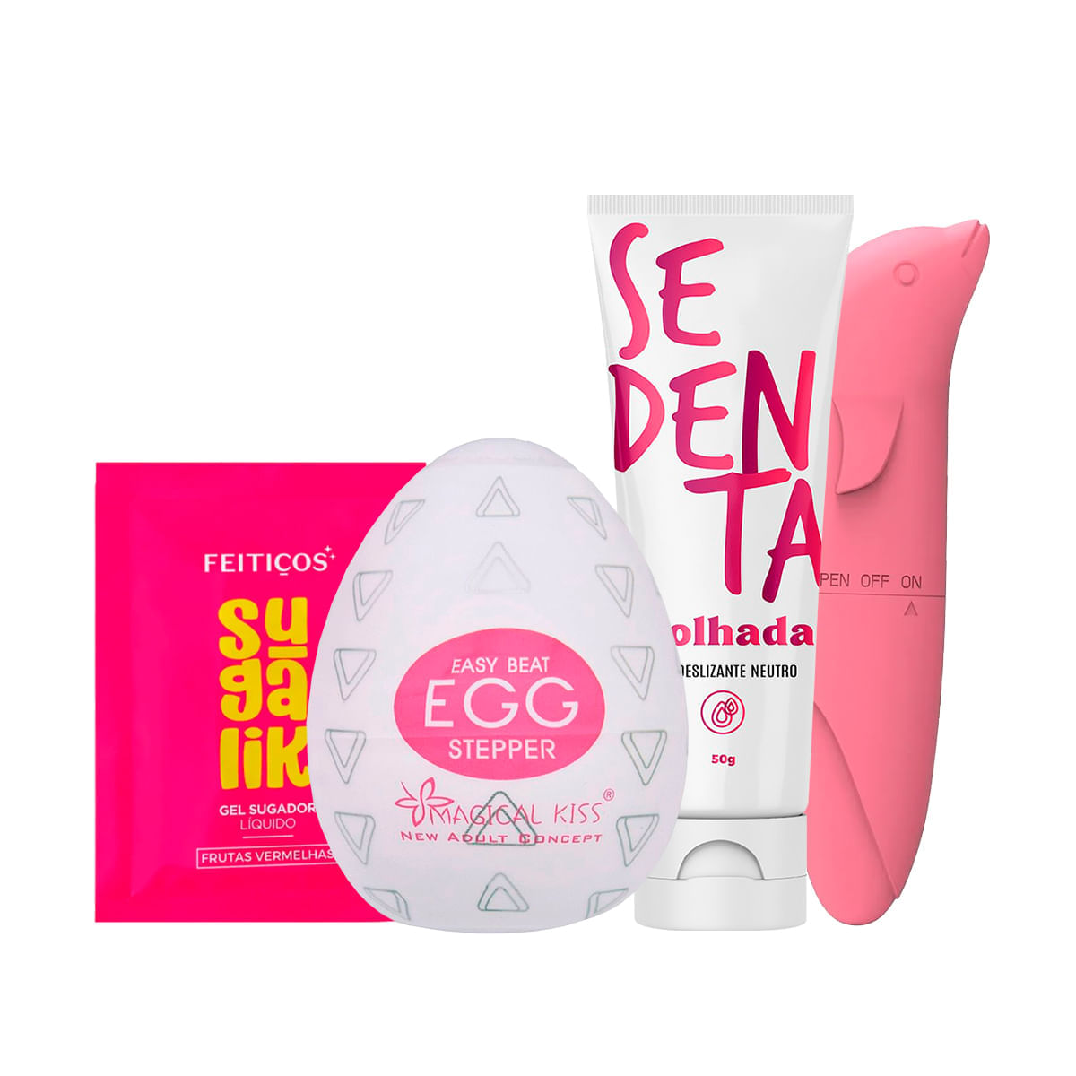 Kit com Vibrador Golfinho Aveludado Sachê Sugalik Sedenta Molhada e Egg Stepper