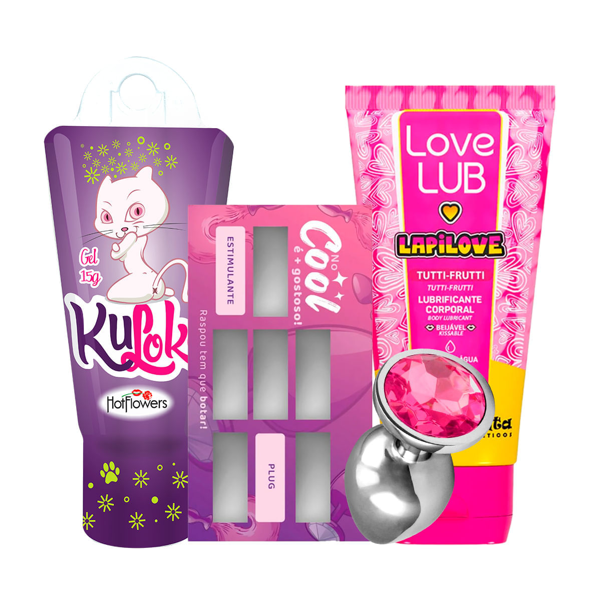 Kit com Plug Anal M Kuloko Raspadinha do Anal e Love Lub LapiLove