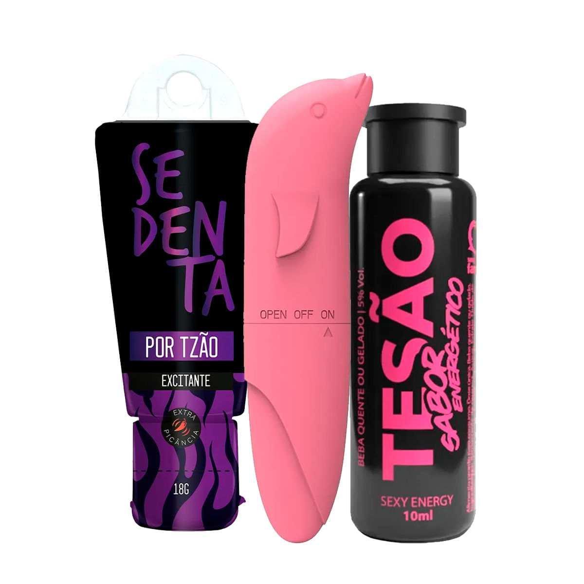 Kit com Vibrador Ponto G Golfinho Aveludado Sedenta por Tesão e Tesão Sabor Energético