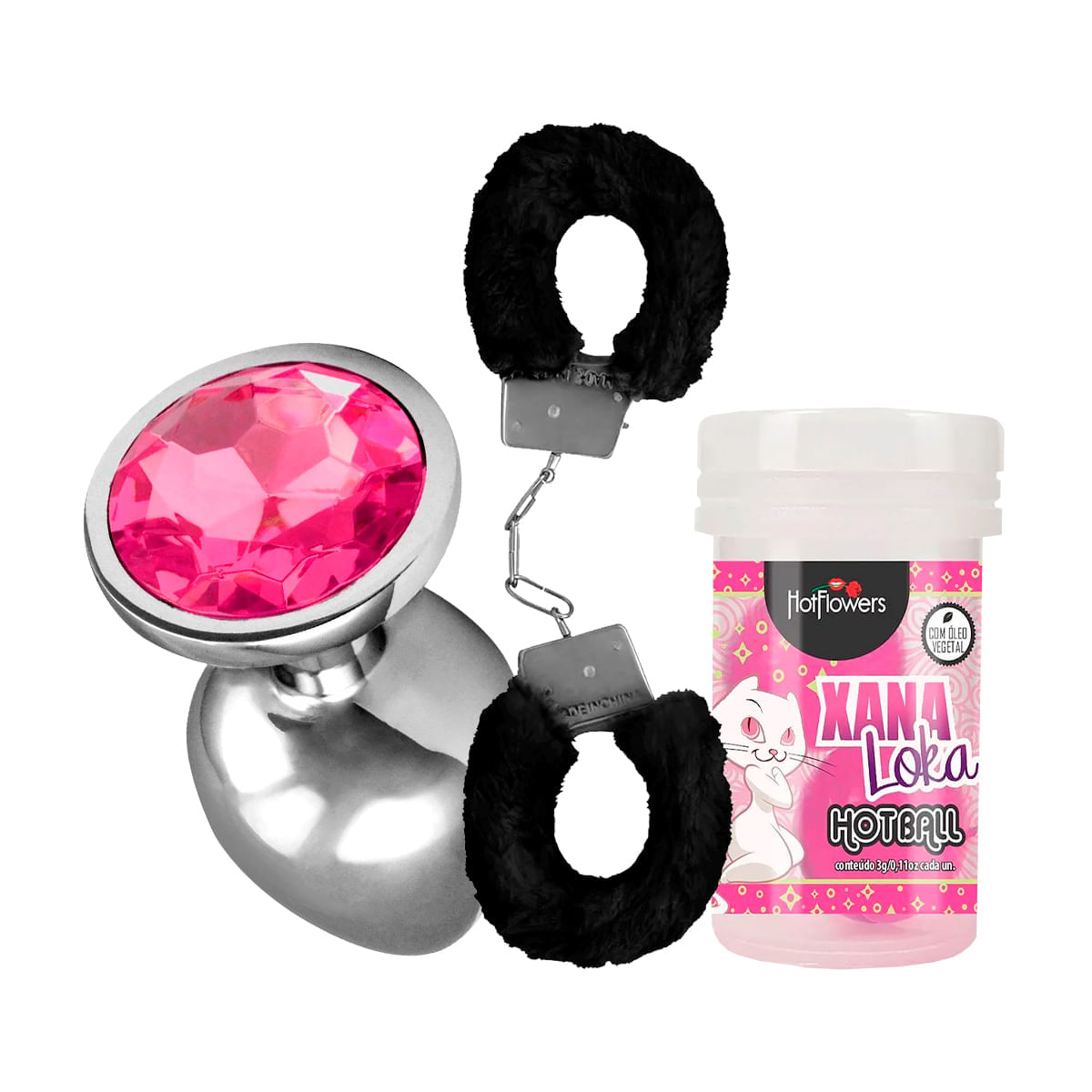 Kit com Plug Anal M Algema de Metal Pelúcia e Hot Ball Xana Loka