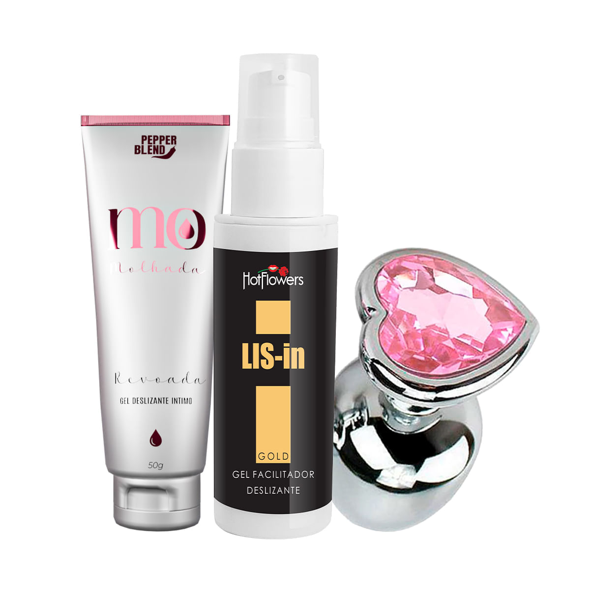 Kit com Plug Anal P MO Molhada Revoada Gel Deslizante e LIS-In