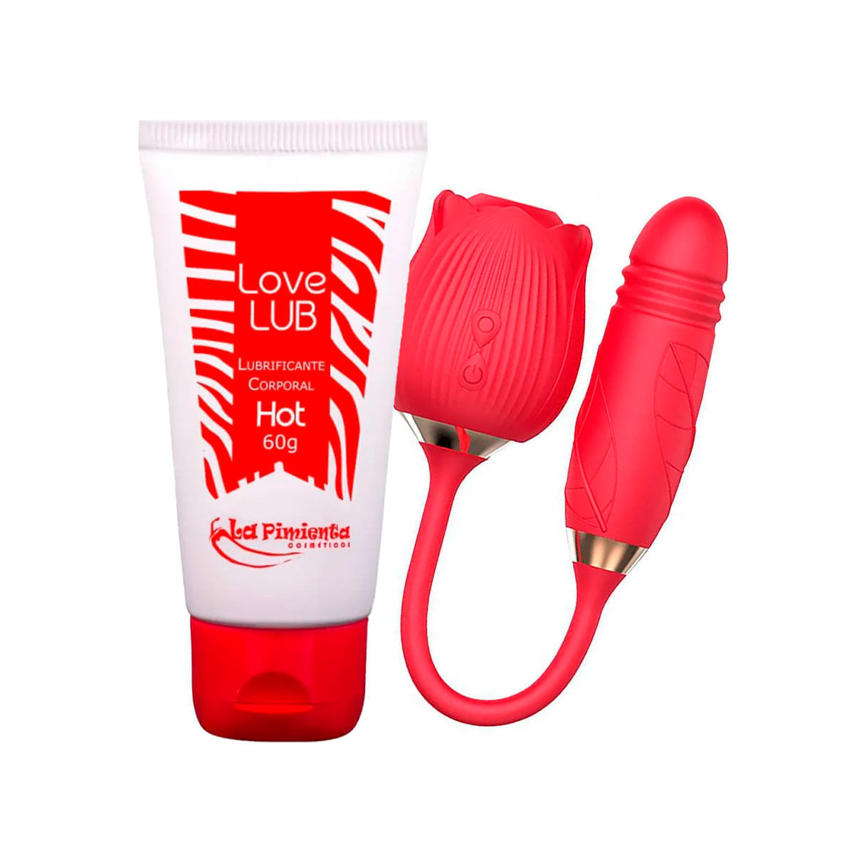 Kit com Vibrador Formato de Rosa e Love Lub Hot Lubrificante Corporal