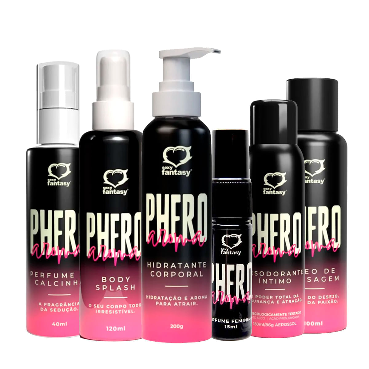 Kit com Phero Feminino Perfume Body Splash Desodorante Íntimo Hidratante Óleo e Perfume de Calcinha