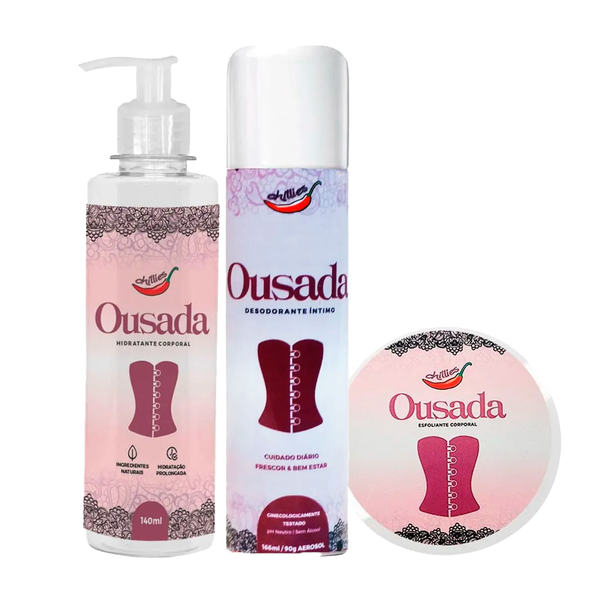Kit com Hidratante Corporal Ousada Desodorante Íntimo em Aerosol Ousada e Esfoliante Corporal Ousada