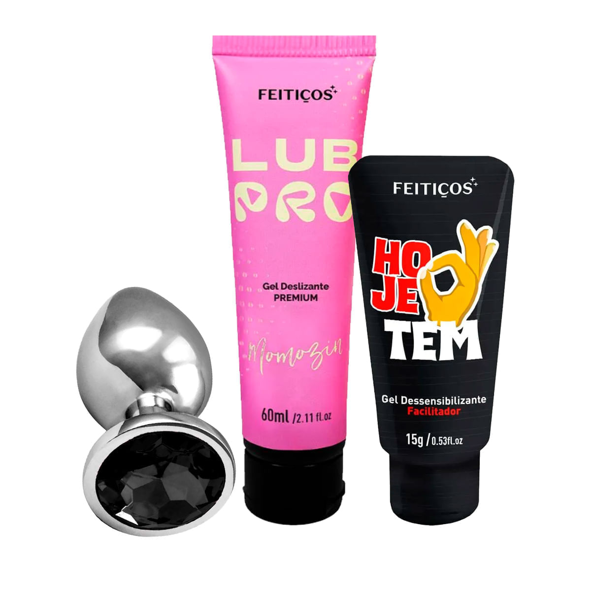 Kit com LubPro Momozin Hoje Tem Gel Dessensibilizante e Plug Anal Tamanho Médio