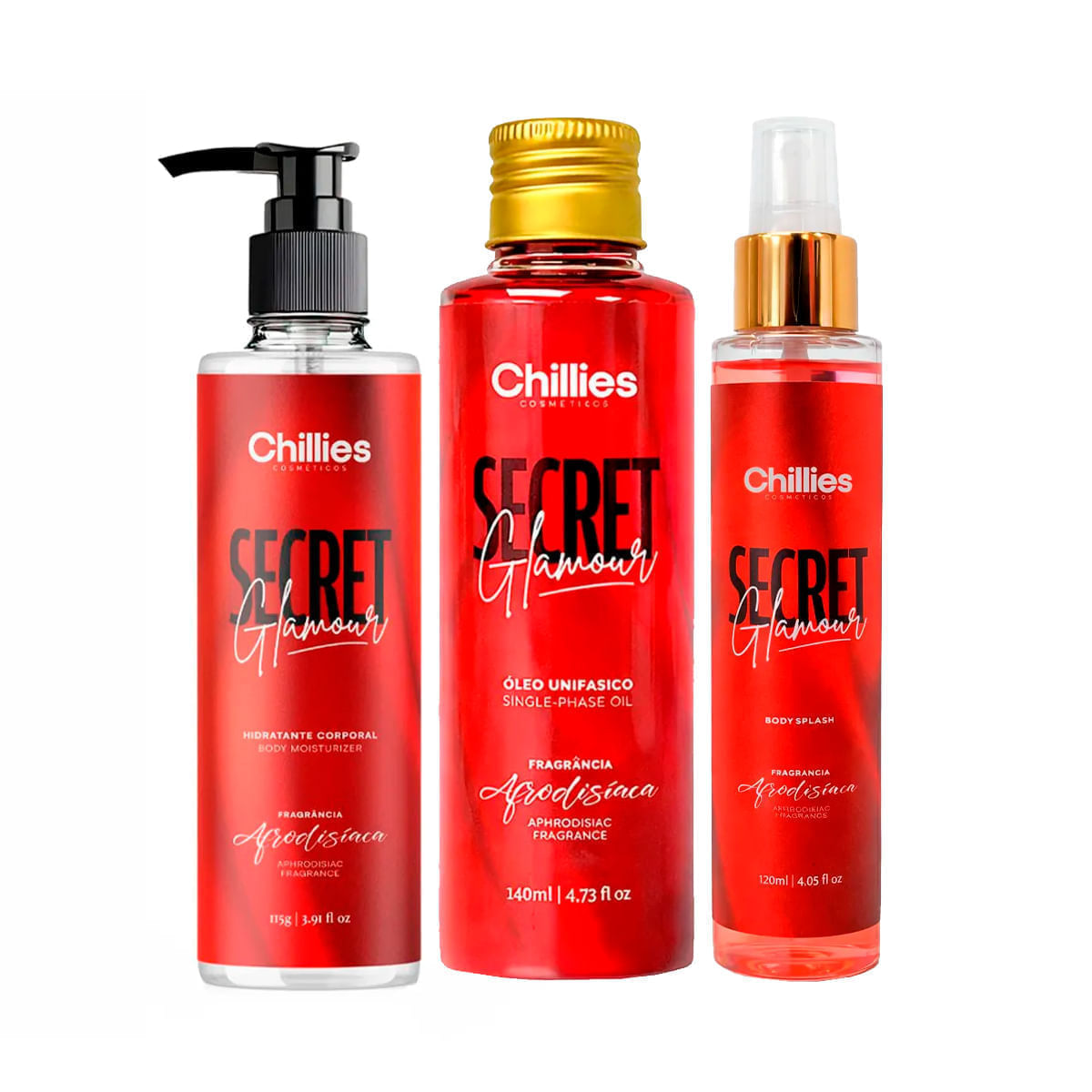 Kit com Body Splash Óleo e Hidratante Corporal Secret Glamour