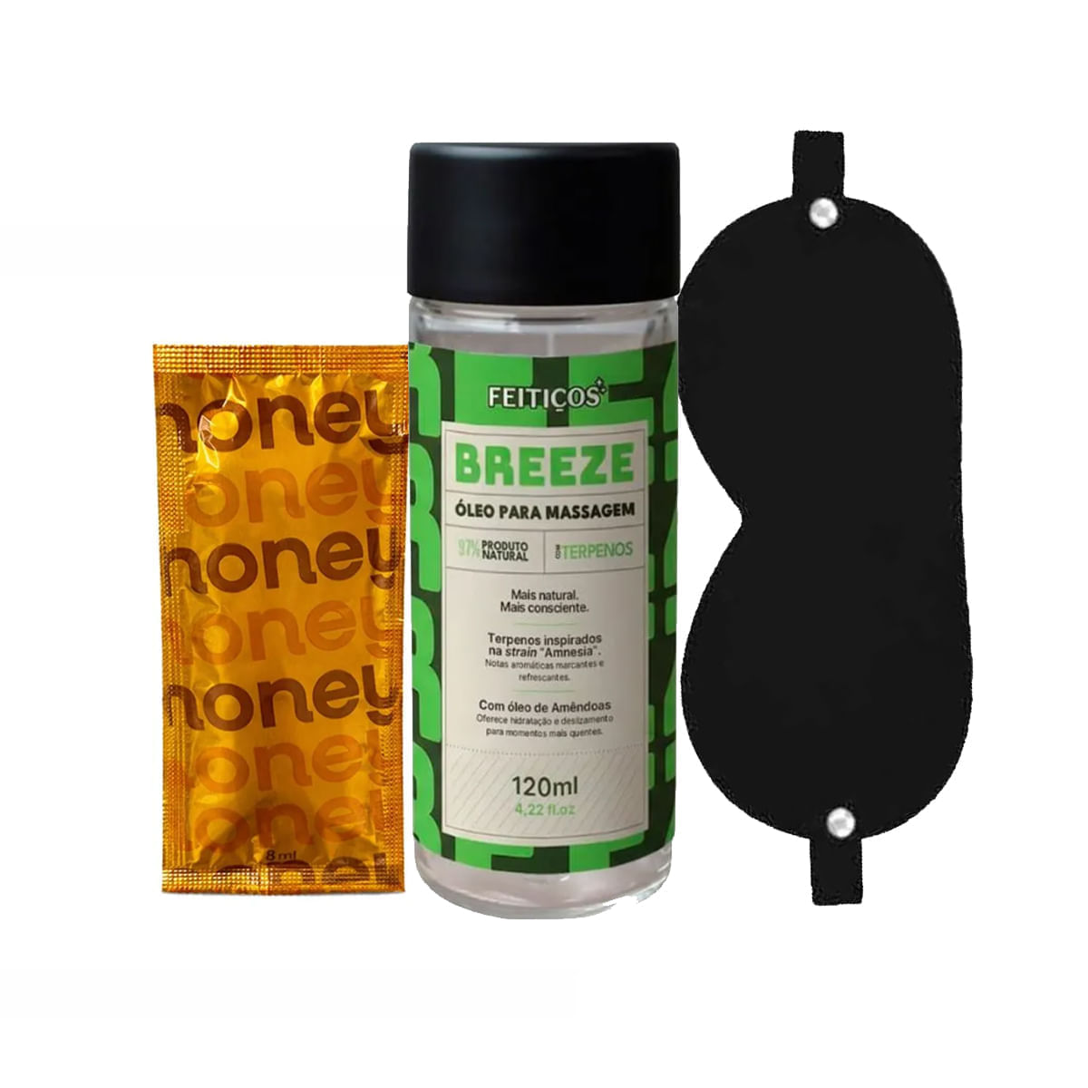 Kit com Breeze Óleo Beijável MyHoney Mel Estimulante e Venda em Couro