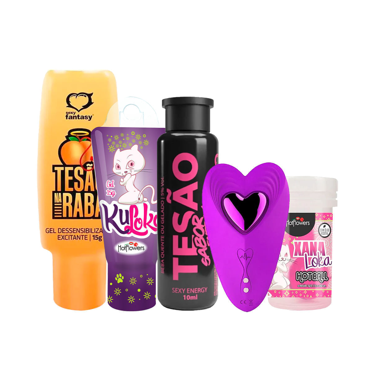 Kit com Tesão na Raba Kuloko Tesão Sabor Energético Hot Ball Xana Loka e Vibrador de Calcinha