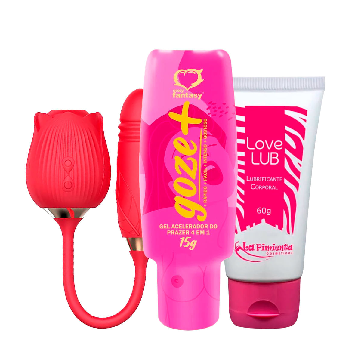 Kit com Vibrador Formato de Rosa Goze + Gel Acelerador do Prazer e Love Lub Lubrificante Corporal