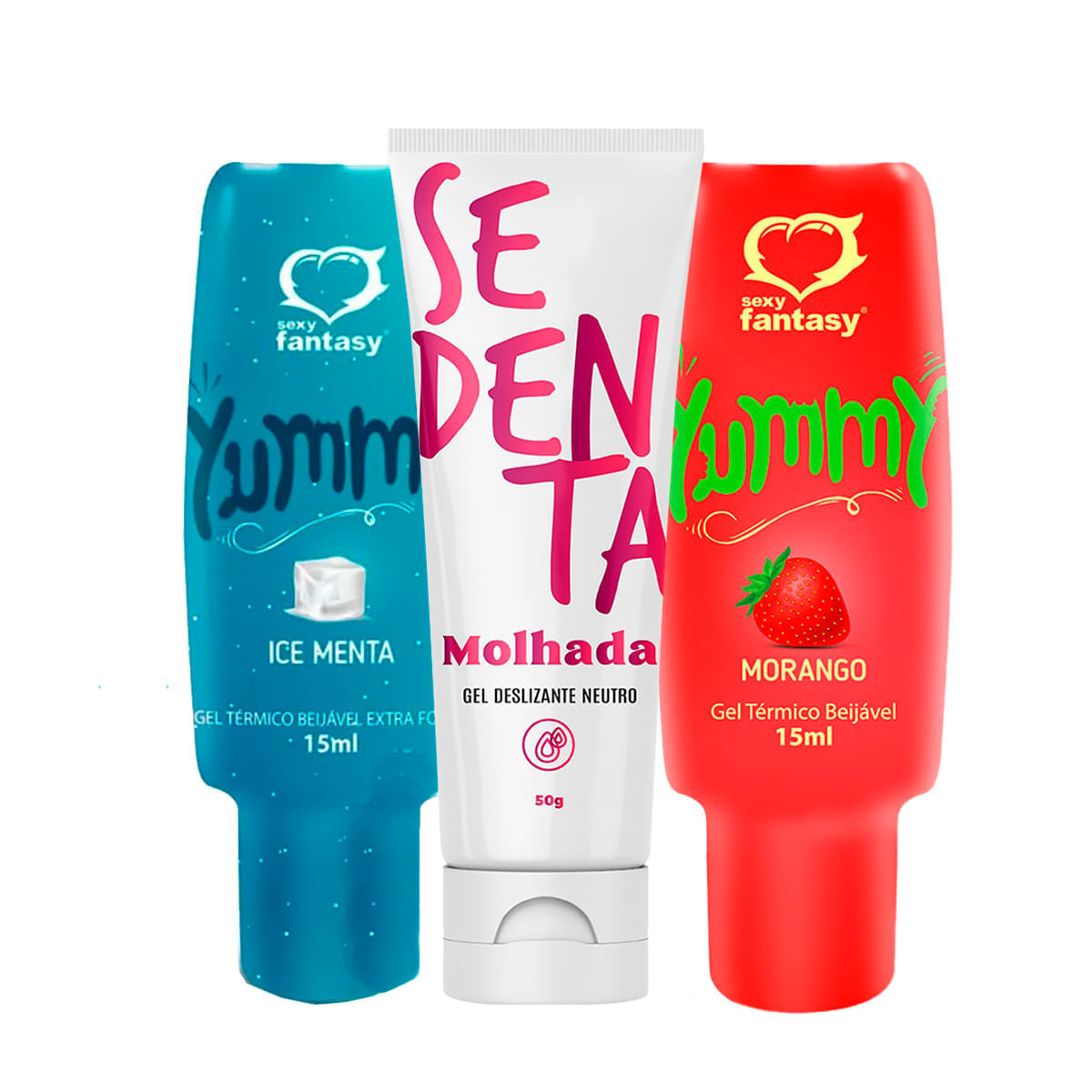 Kit com Sedenta Molhada Deslizante e Yummy Gel Morango e Ice Menta