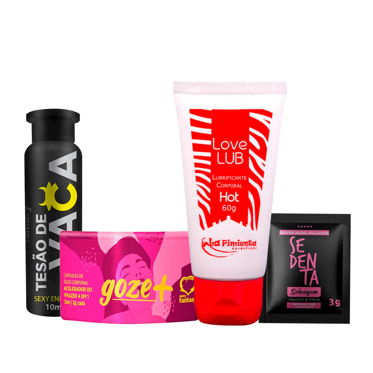 Kit com Love Lub Hot Tesão de Vaca Sachê Sedenta Selvagem e Goze + Cápsulas