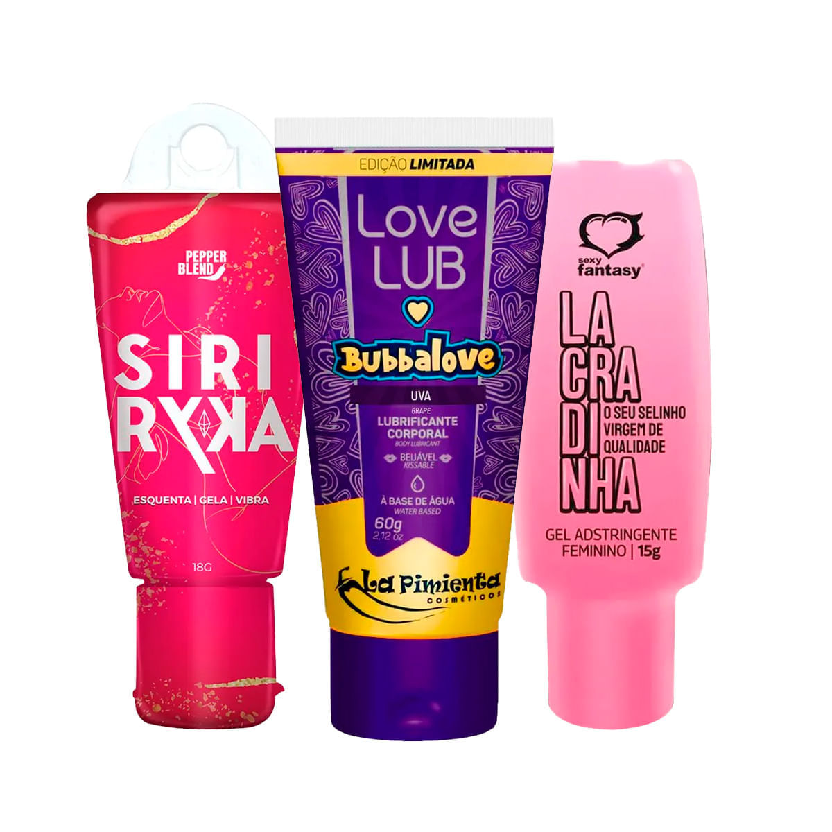 Kit com Lubrificante Love Lub Bubbalove Gel Siri Ryka e Adstringente Lacradinha