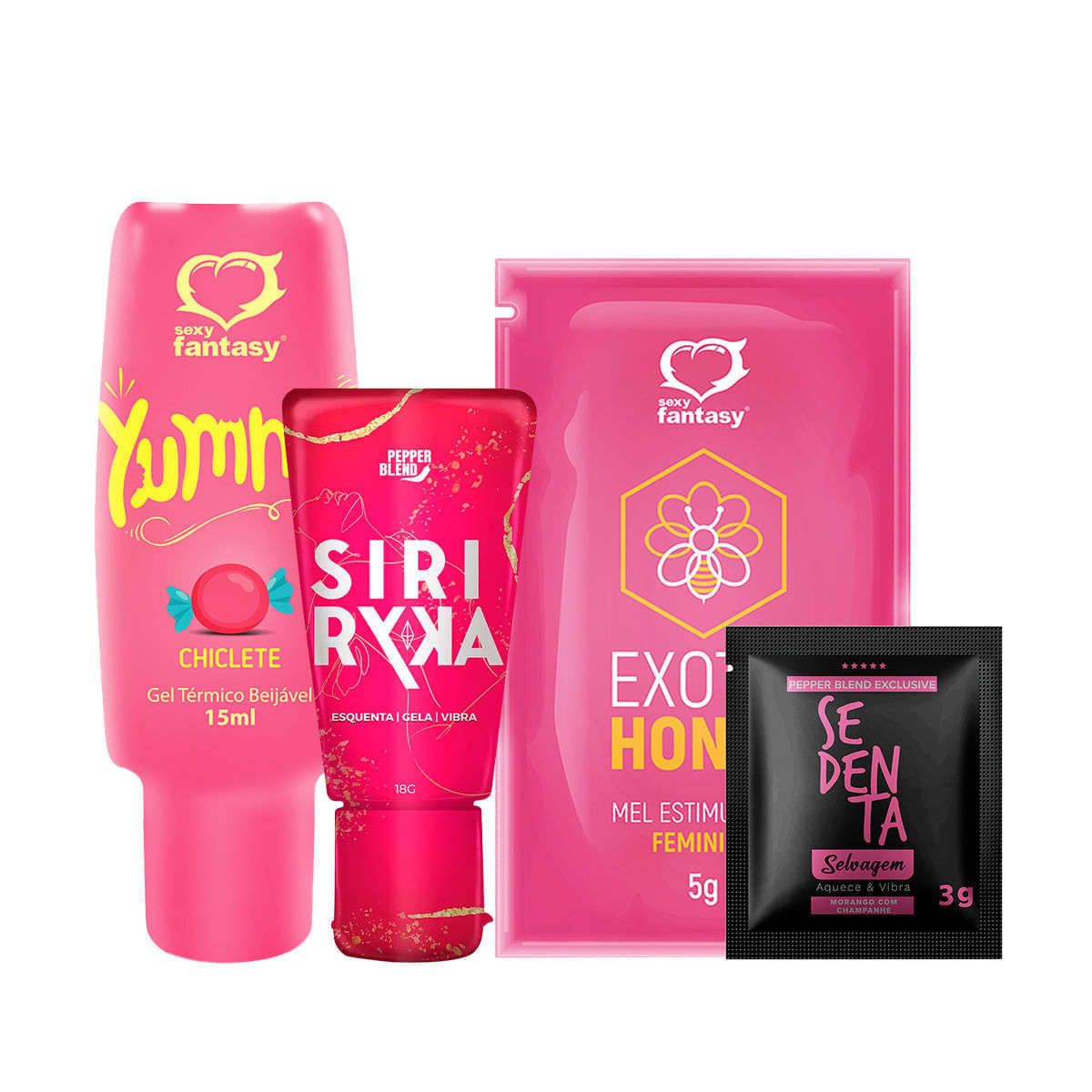 Kit com Siri Ryka Gel Comestível Yummy Gel Térmico Exotic Honey e Sachê Sedenta Selvagem