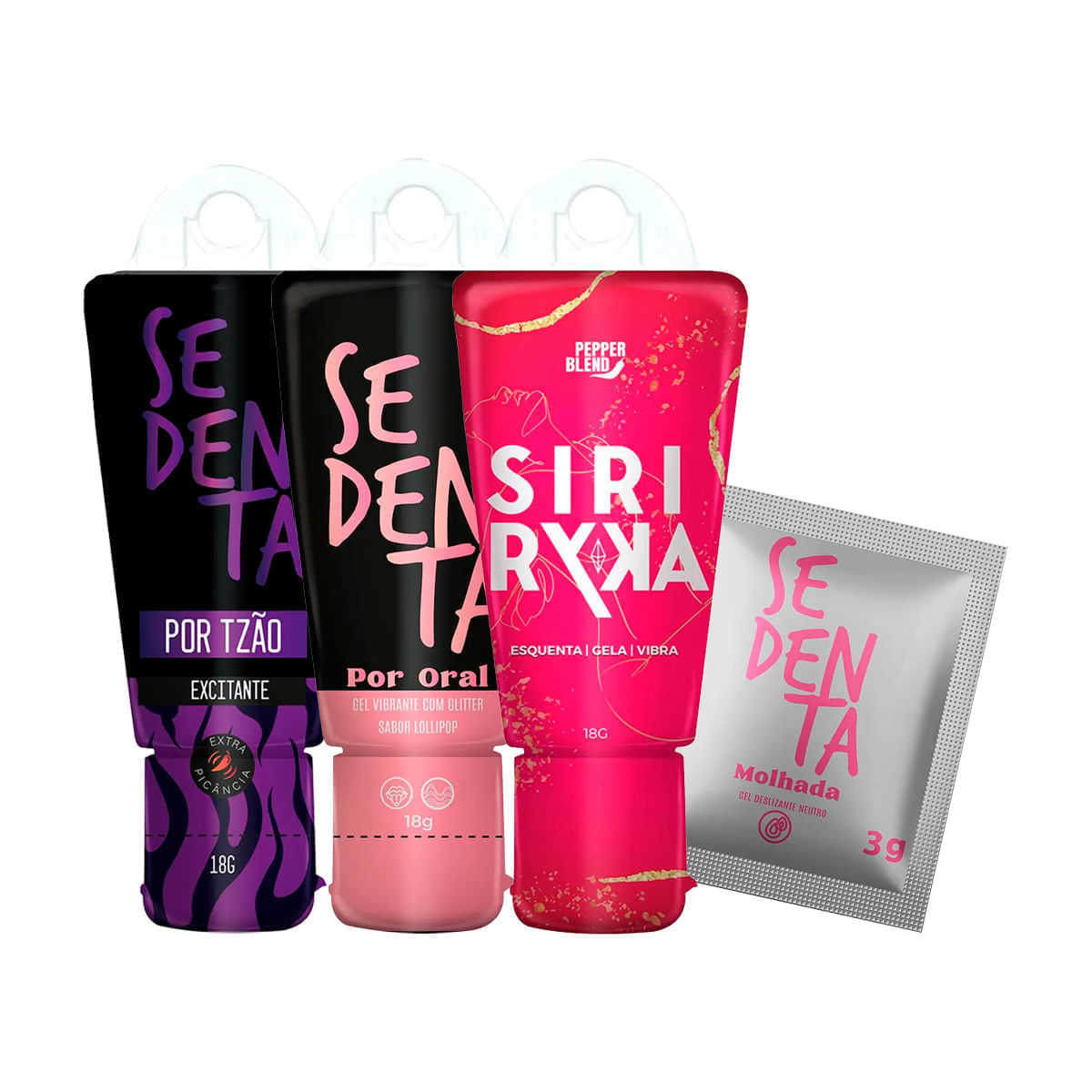 Kit com Siri Ryka Sachê Sedenta Molhada Neutro Sedenta por Oral Lollipop e Sedenta por Tesão