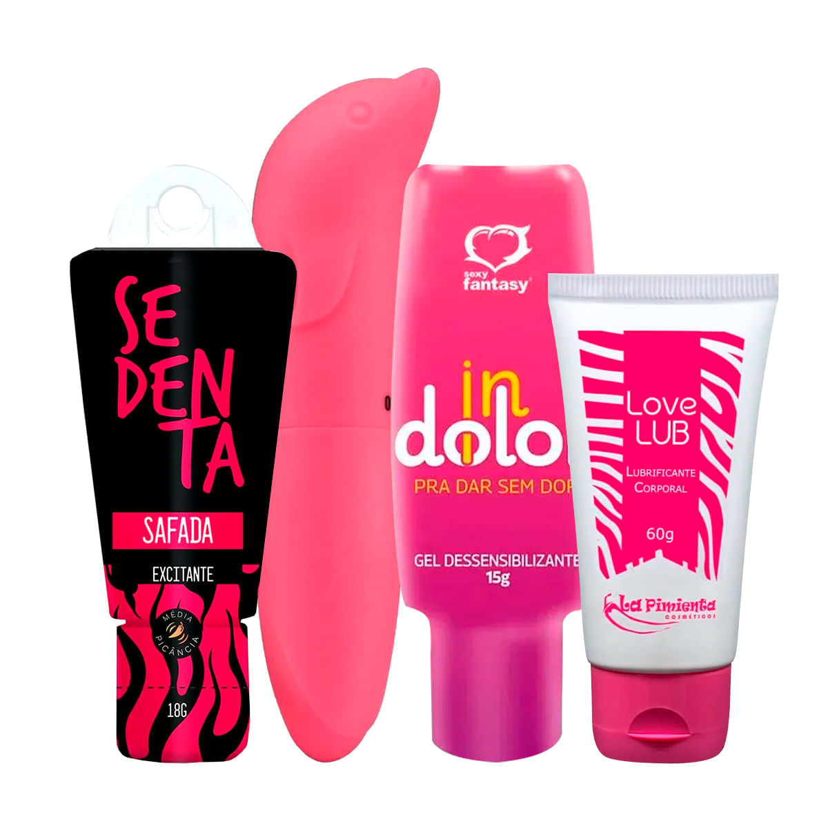 Kit com Sedenta Safada Excitante Vibrador Ponto G InDolor Gel Dessensibilizante e Love Lub