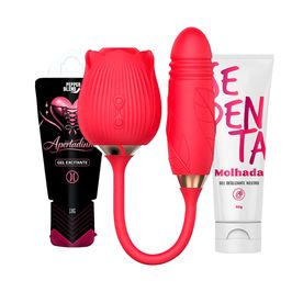 Kit com Vibrador Formato de Rosa Sedenta Molhada e Gel Adstringente Apertadinha
