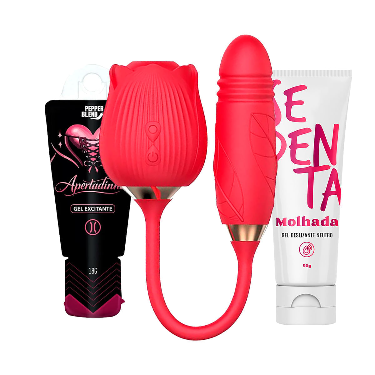 Kit com Vibrador Formato de Rosa Sedenta Molhada e Gel Adstringente Apertadinha