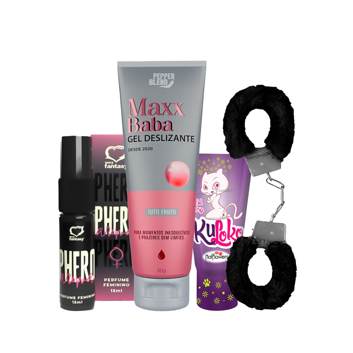 Kit com Perfume Phero Aroma Feminino Maxx Baba Lubrificante Dessensibilizante Kuloko e Algema MyCuff