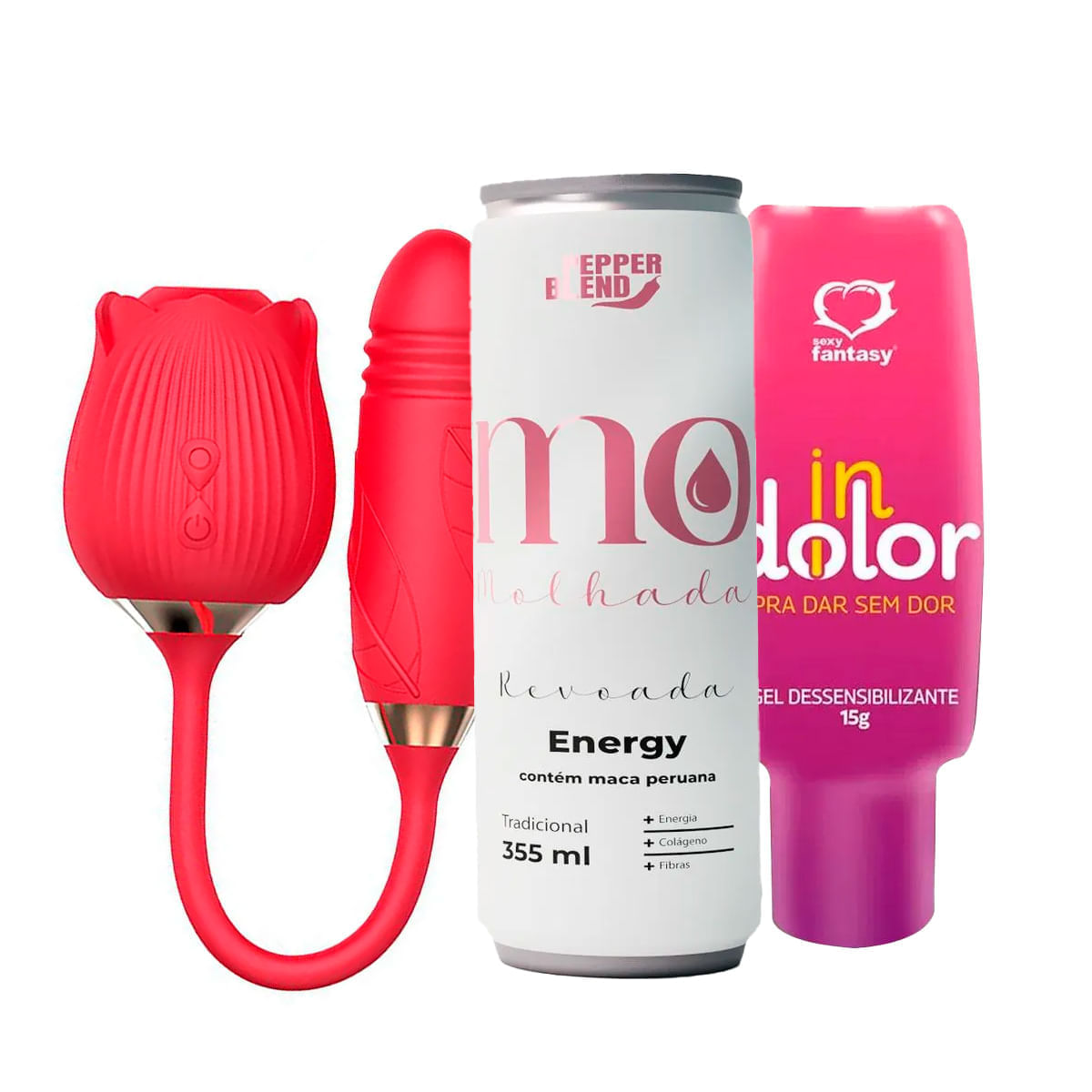 Kit com Energético Estimulante Revoada Vibrador Formato de Rosa e Dessensibilizante InDolor
