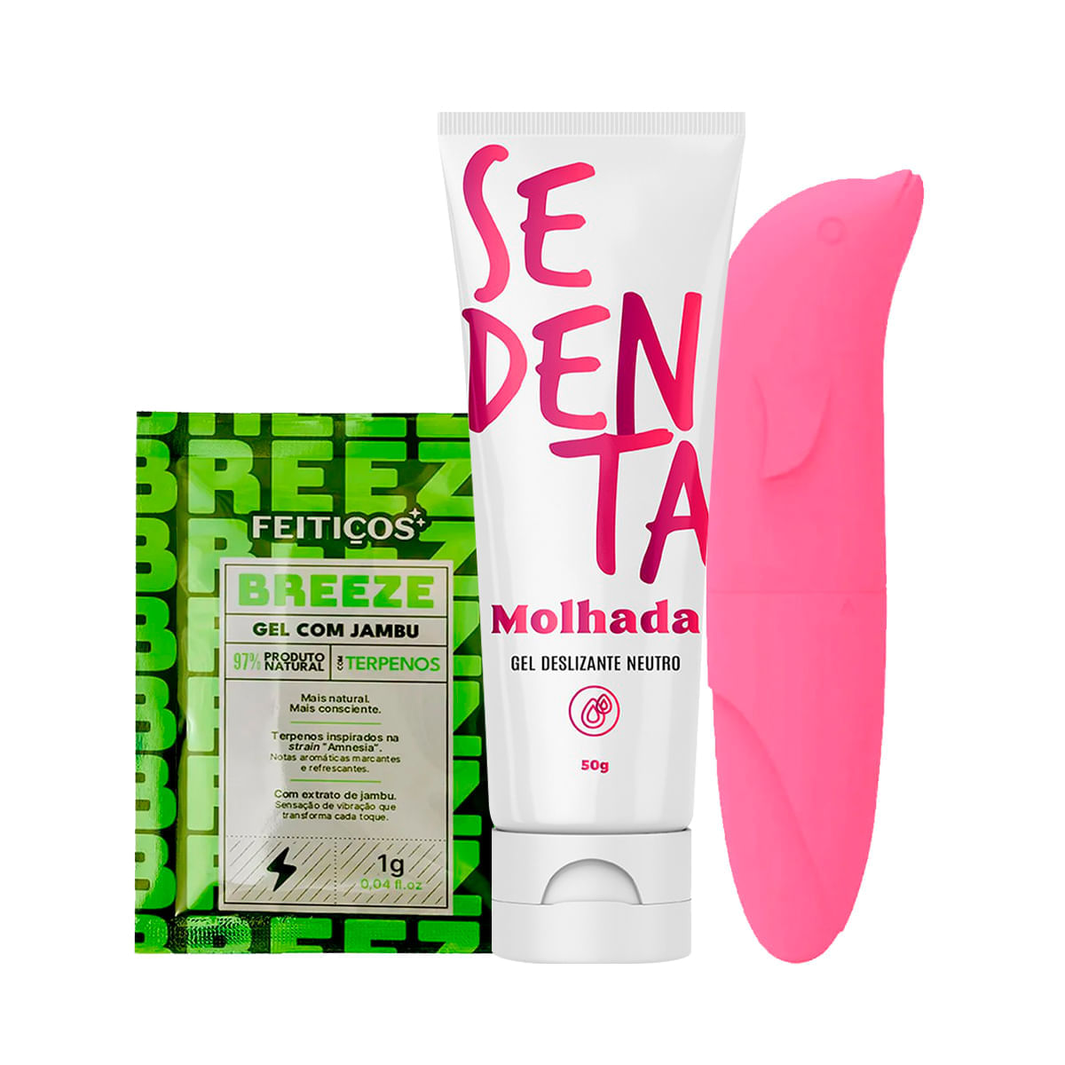 Kit com Sedenta Molhada Sachê Breeze Excitante e Vibrador Ponto G Golfinho Aveludado