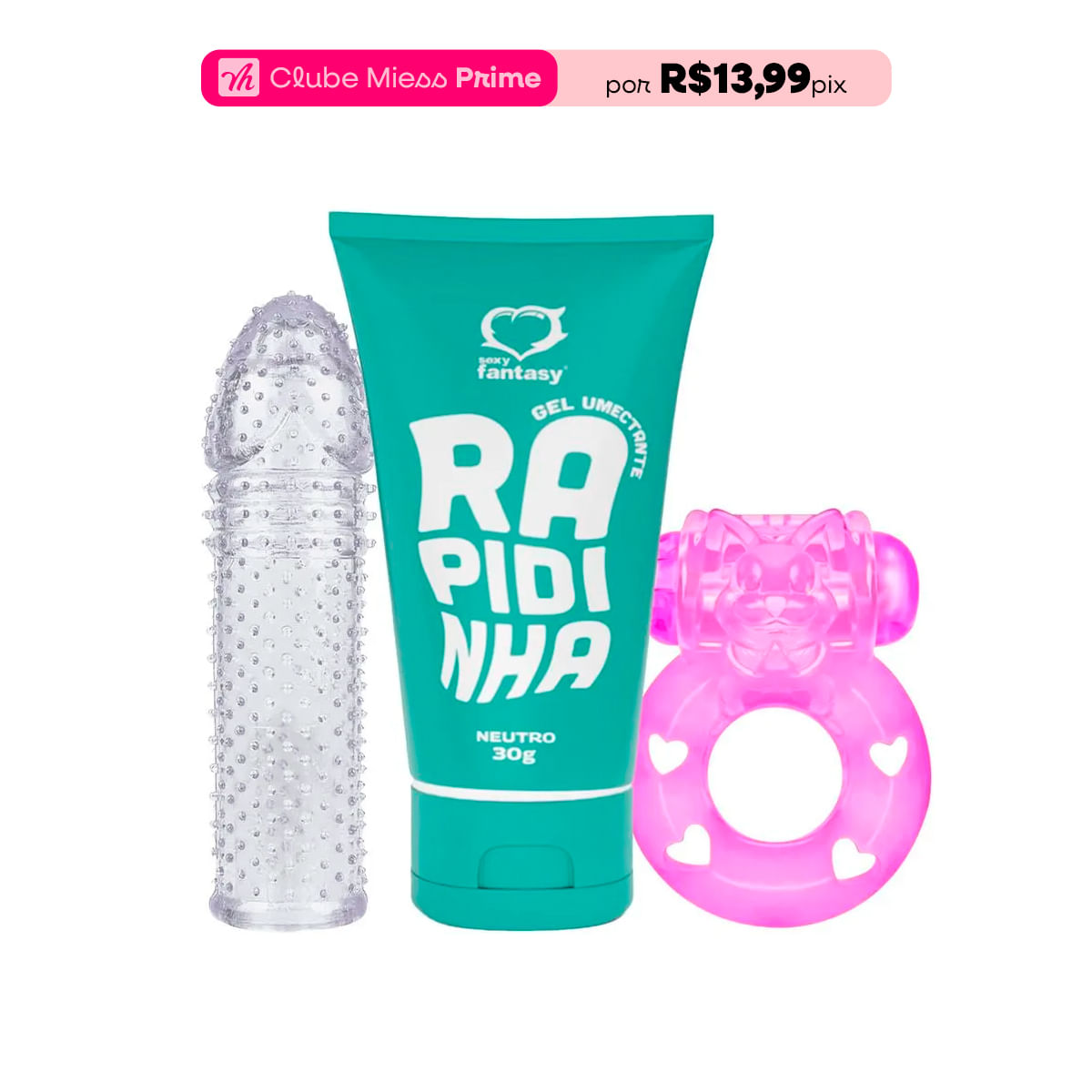 Kit com Capa Peniana Expansora Anel Peniano com Mini Cápsula e Lubrificante Íntimo Neutro Rapidinha