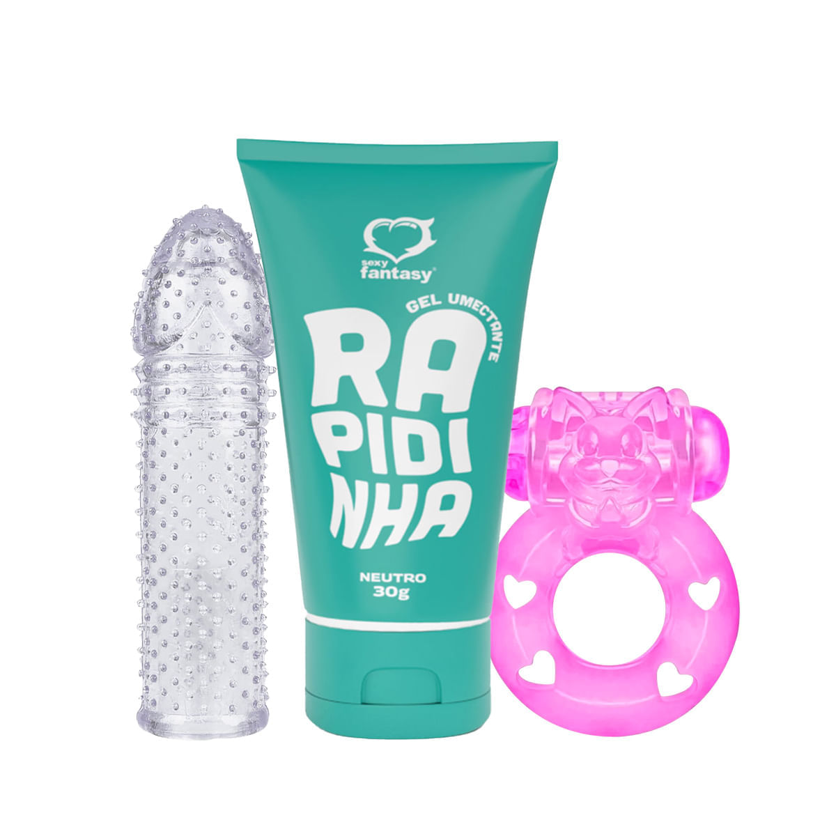Kit com Capa Peniana Expansora Anel Peniano com Mini Cápsula e Lubrificante Íntimo Neutro Rapidinha