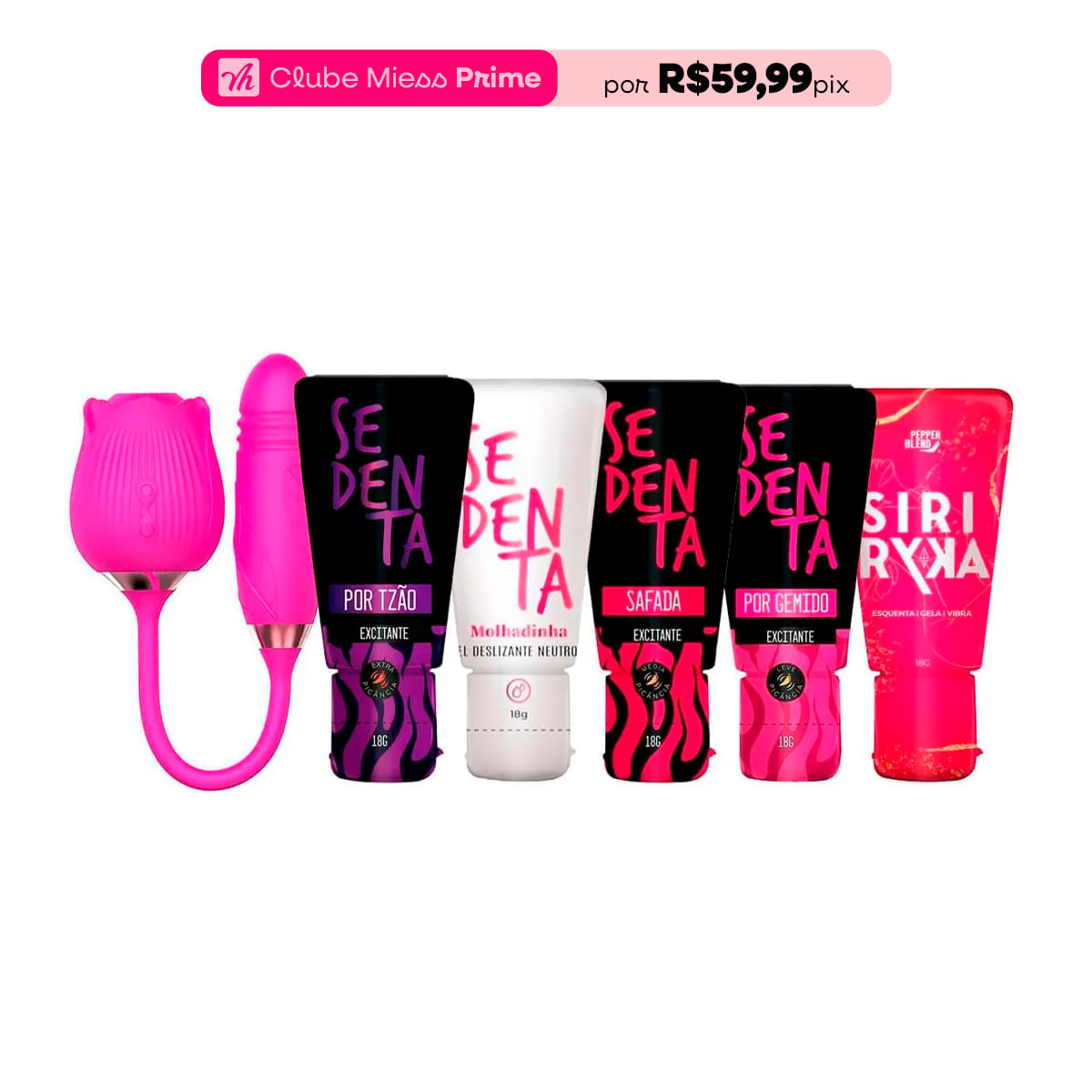 Kit com Vibrador Formato de Rosa Siri Ryka Sedenta por Tesão Gemido Safada e Molhadinha