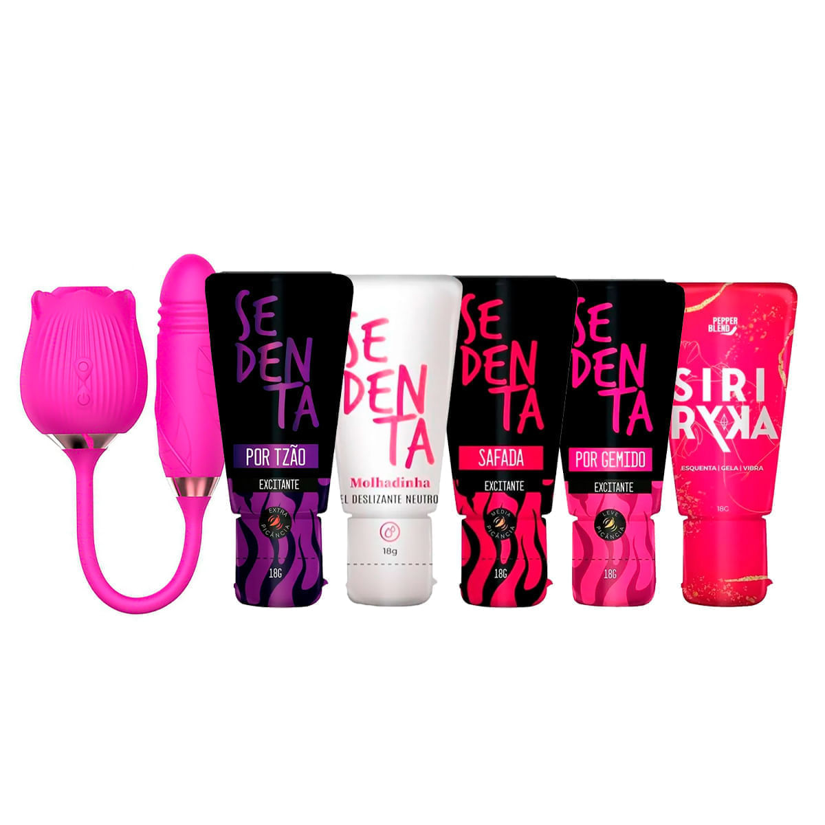 Kit com Vibrador Formato de Rosa Siri Ryka Sedenta por Tesão Gemido Safada e Molhadinha