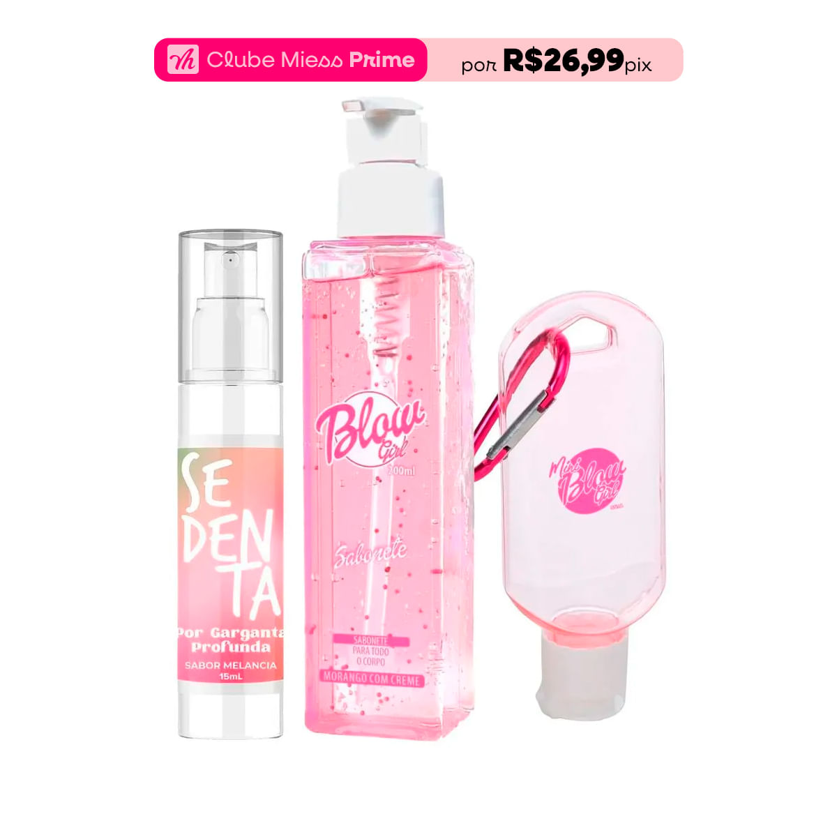 Kit com Sedenta por Garganta Profunda Dessensibilizante Blow Girl Sabonete e Mini Blow Chaveiro