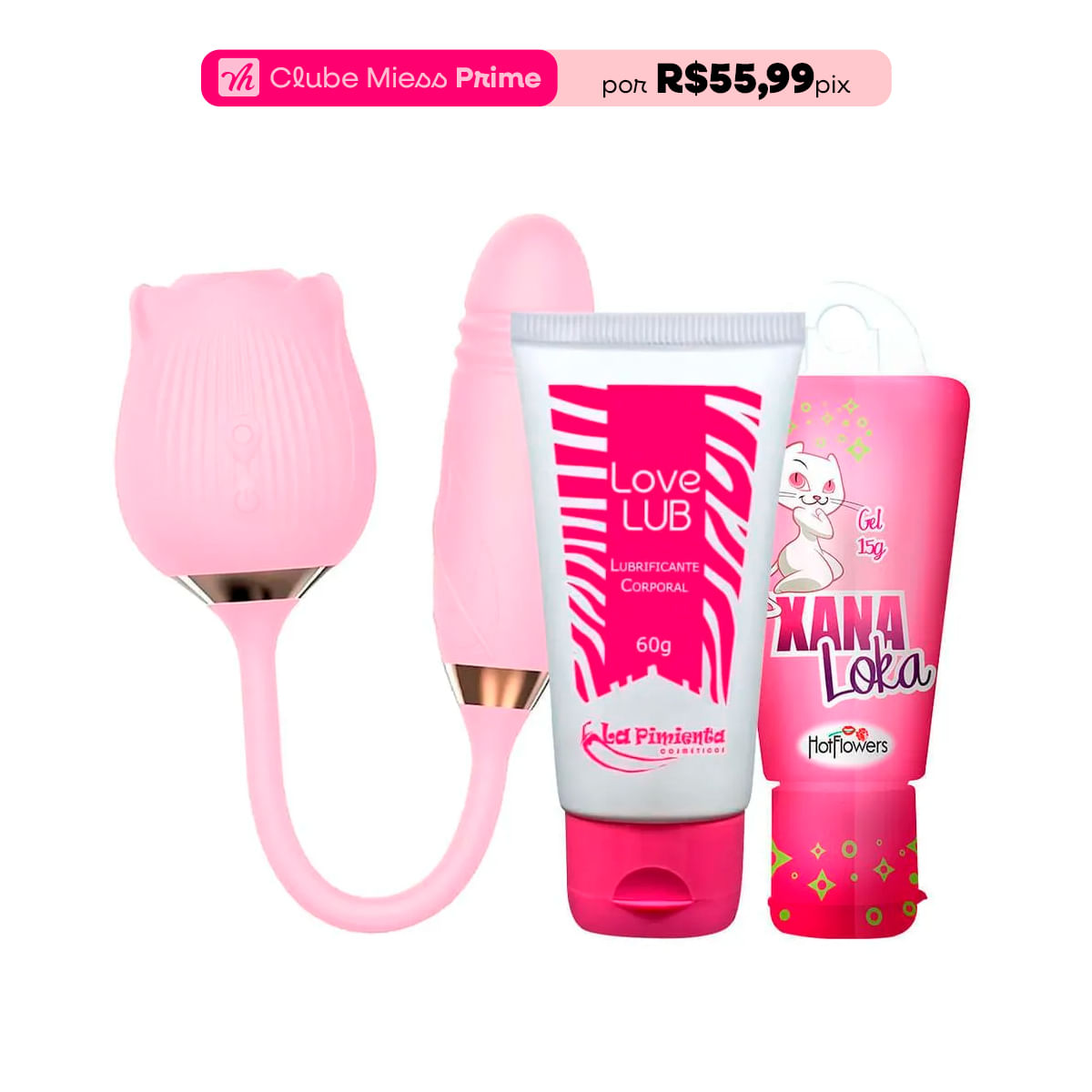 Kit com Vibrador Love Lub Lubrificante e Xana Loka Excitante