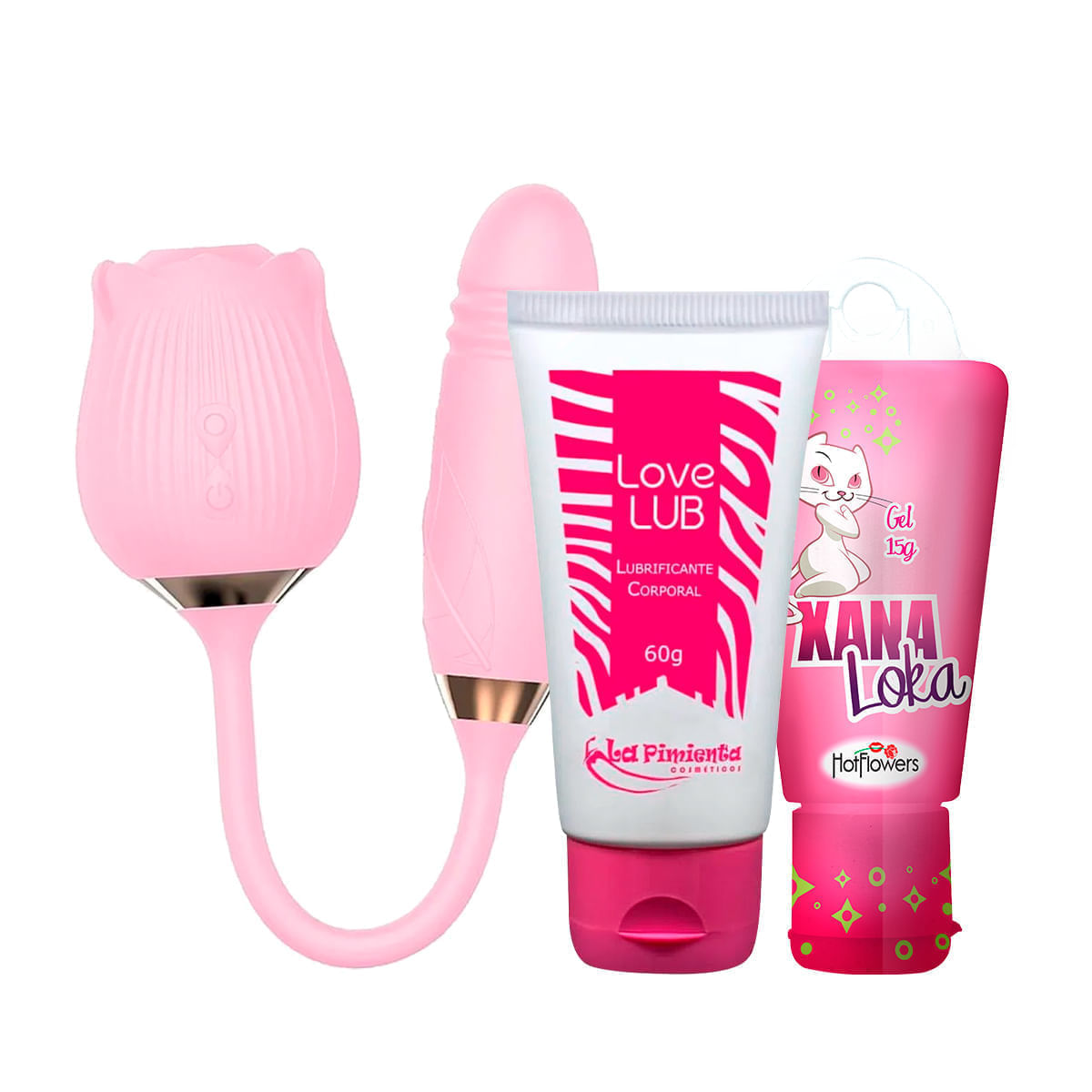 Kit com Vibrador Love Lub Lubrificante e Xana Loka Excitante