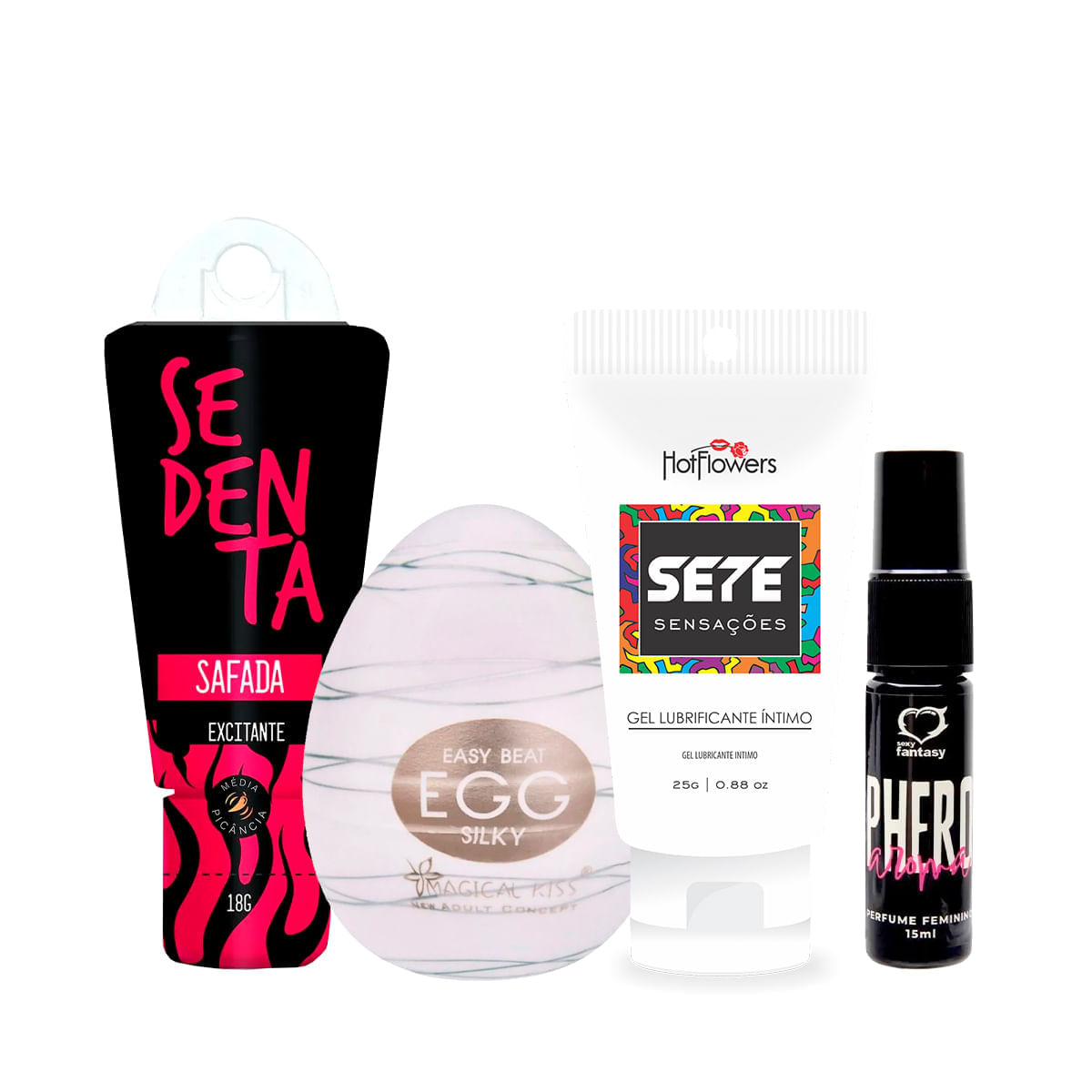 Kit com Perfume Phero Aroma Feminino Sete Sensações Egg Silky Masturbador Masculino e Sedenta Safada