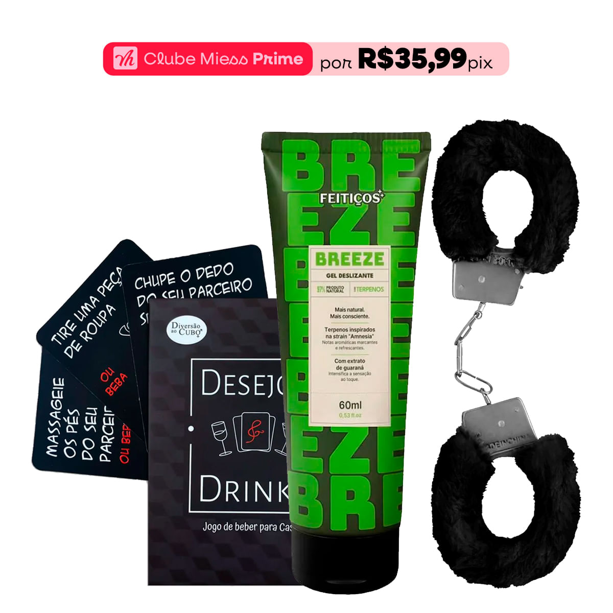 Kit com Breeze Gel Deslizante Algema de Metal Pelúcia e Desejos e Drinks Jogo de Cartas